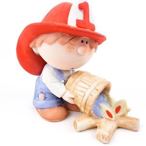 Vintage! BUMPKINS Fireman Putting out campfire Boy Porcelain Figurine